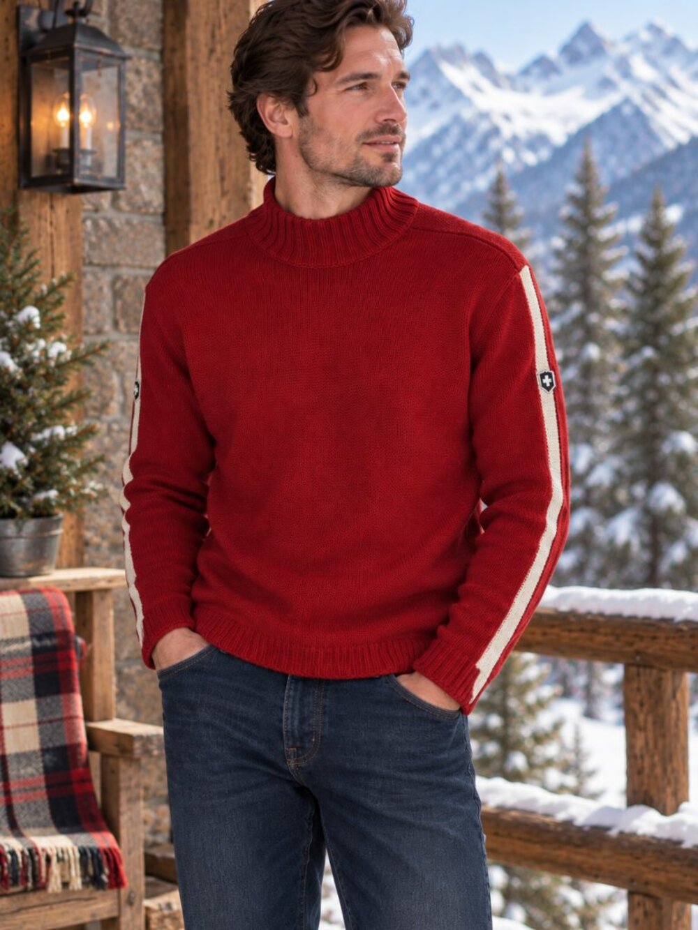 Victorinox Swiss Army Merino Wool Sweater S Red Mock Neck Logo Stripe